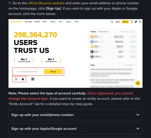 Binance Help Center instructions for registering a personal account on the website: the homepage email or phone field and yellow Sign Up button outlined in red, with the Google and Apple icons outlined underneath