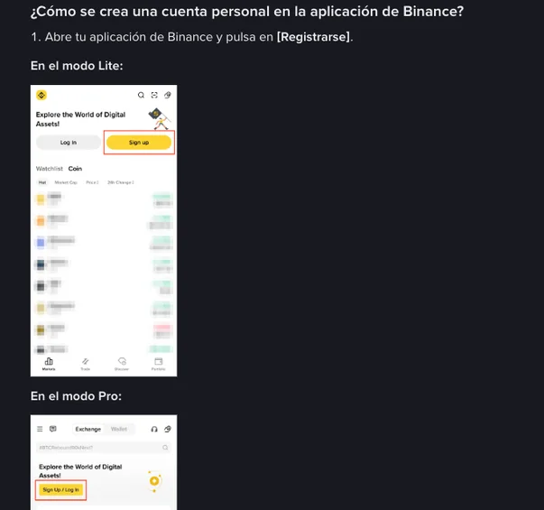 Guía del Centro de Ayuda de Binance para crear una cuenta personal en la aplicación: el paso 1 indica abrir la app y pulsar Registrarse, con la pantalla de inicio del modo Lite y el botón amarillo Sign up marcado en rojo; debajo asoma el modo Pro con su botón Sign Up / Log In