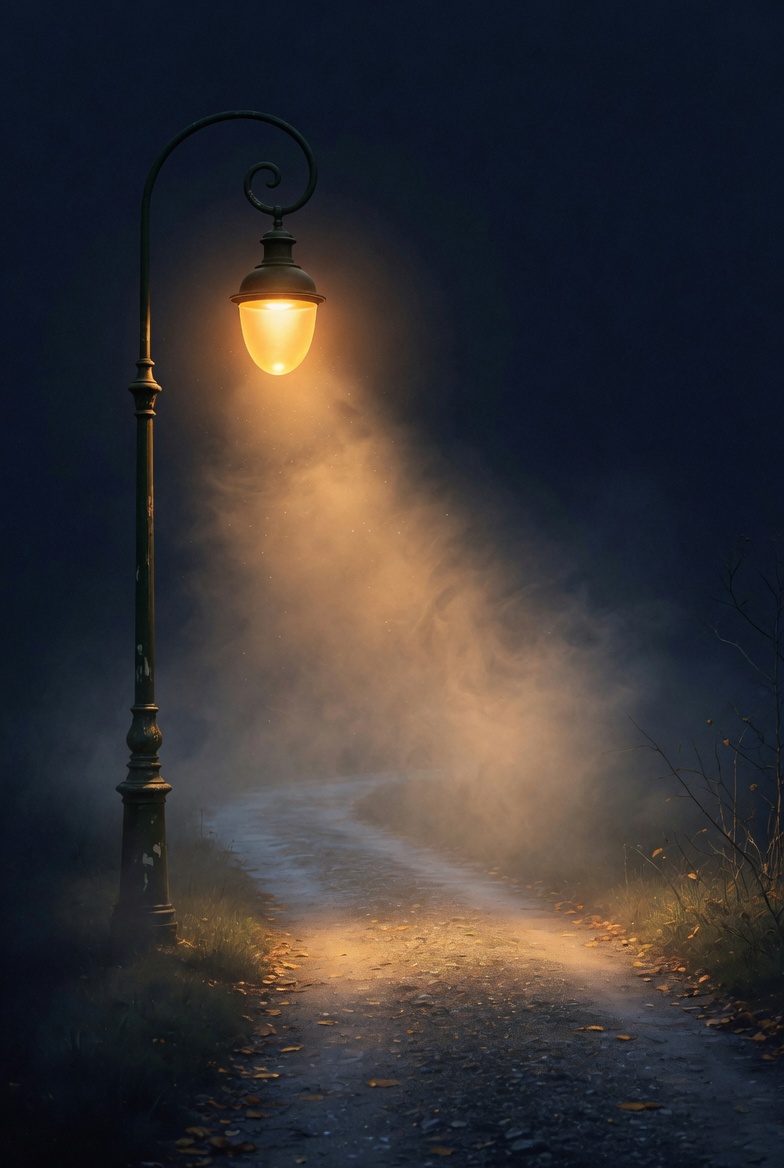黑夜里,一盏路灯把前方的路照亮