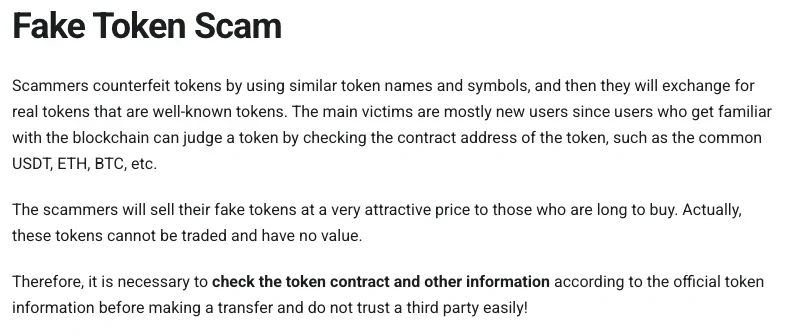 TokenPocket help centre page on fake token scams: scammers copy the names and symbols of tokens such as USDT, ETH and BTC, and users are told to check the token contract against official token information before a transfer